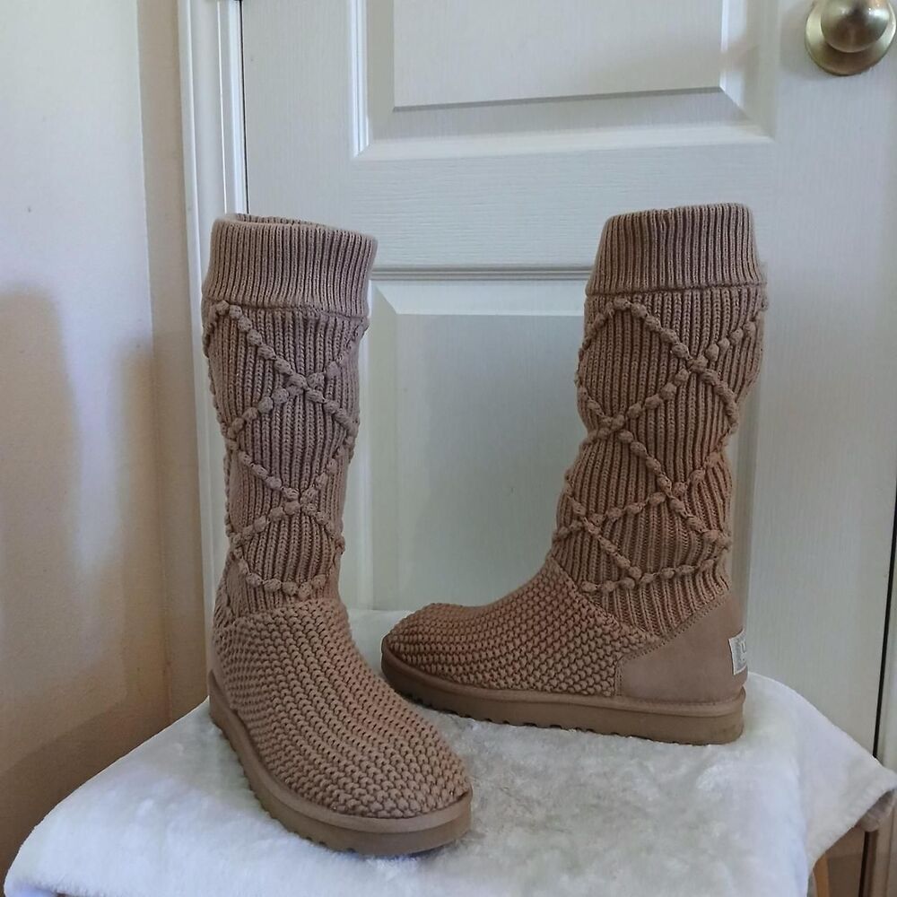 Y2K Vintage UGG Classic Argyle Knit Boots Tan Sand 10 Preppy Indie Boho Granola
